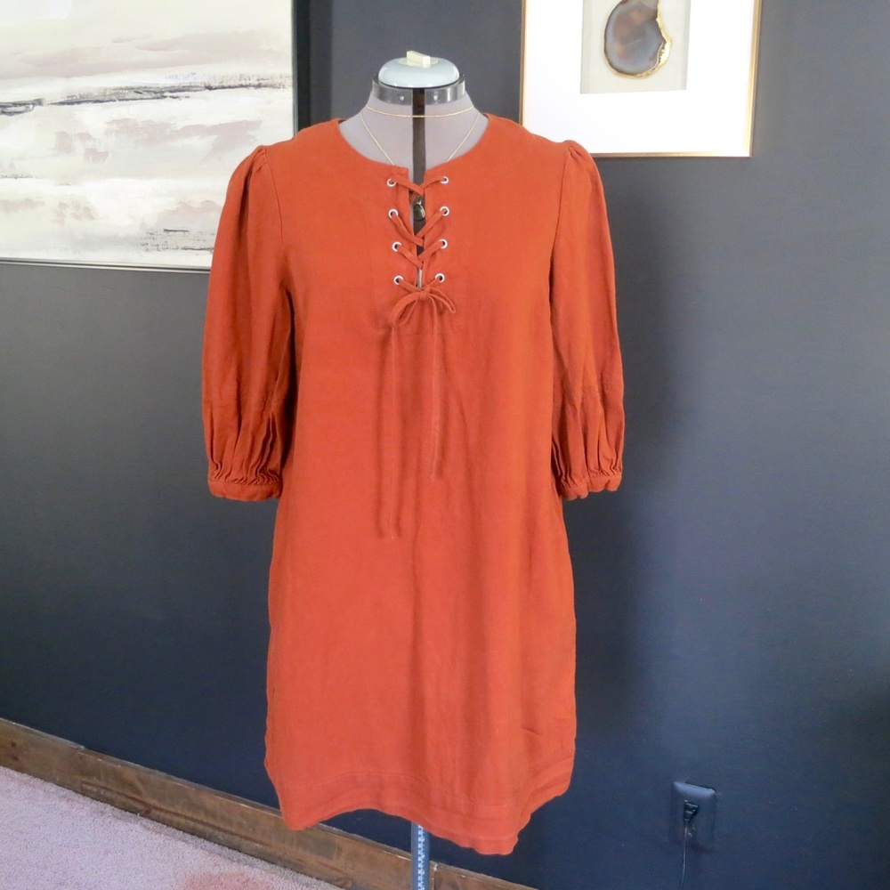 Linen Rust Boho Peasant Shift Dress with Pockets Size Medium Who What Wear